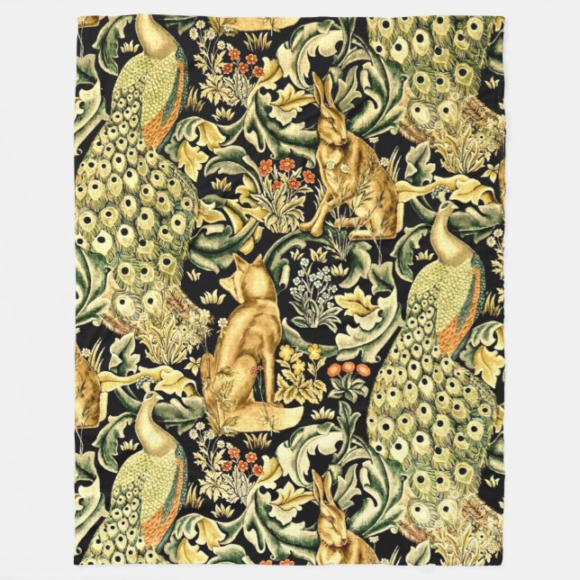 William Morris Forest Tapestry Fox Hare Peacock Fleece Blanket (Front)