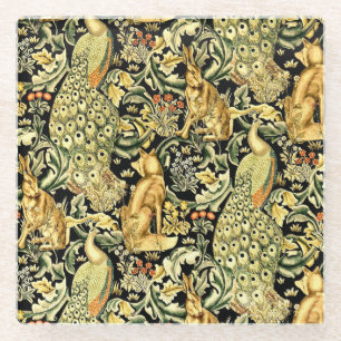 William Morris Forest Tapestry Fox Hare Peacock Glass Coaster