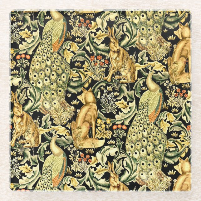 William Morris Forest Tapestry Fox Hare Peacock Glass Coaster (Front)