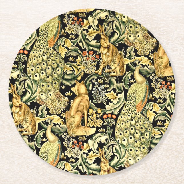William Morris Forest Tapestry Fox Hare Peacock Round Paper Coaster (Front)