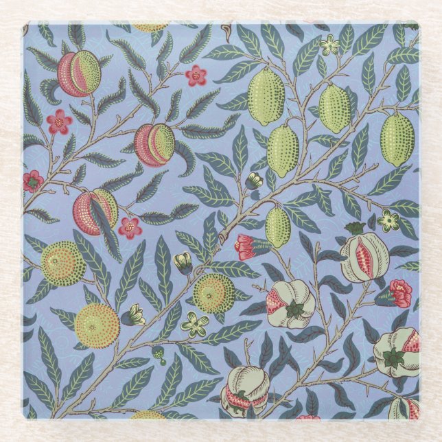 William Morris Fruit Pomegranate Blue Ornament Glass Coaster (Front)