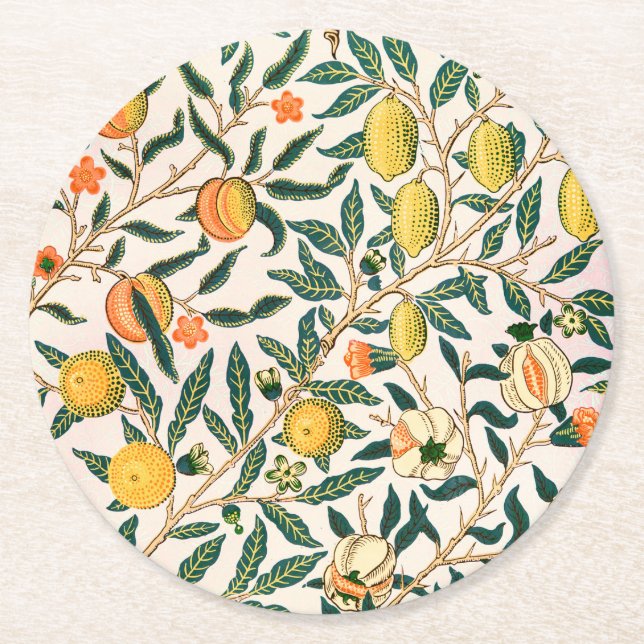 William Morris Fruit Pomegranate White Ornament Round Paper Coaster (Front)