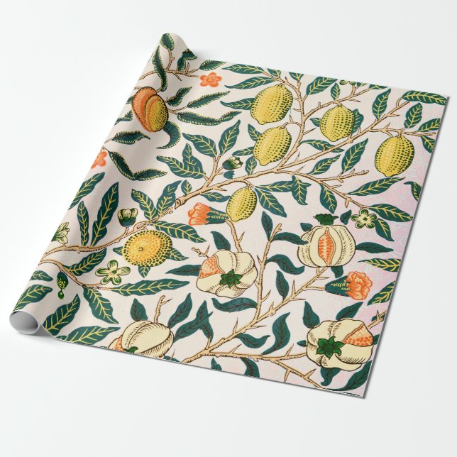 William Morris Fruit Pomegranate White Ornament Wrapping Paper (Unrolled)