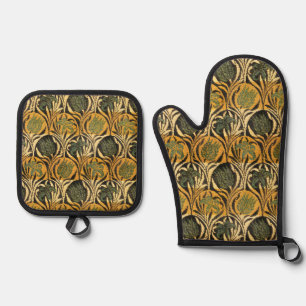 William Morris Gold Tulip Lily Vintage Wallpaper Oven Mitt & Pot Holder Set