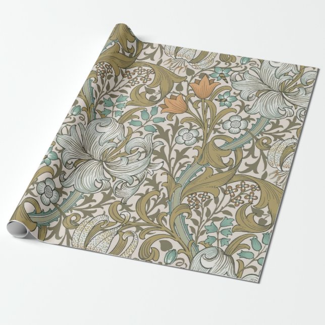 William Morris Golden Lily Blue Gold Classic Wrapping Paper (Unrolled)