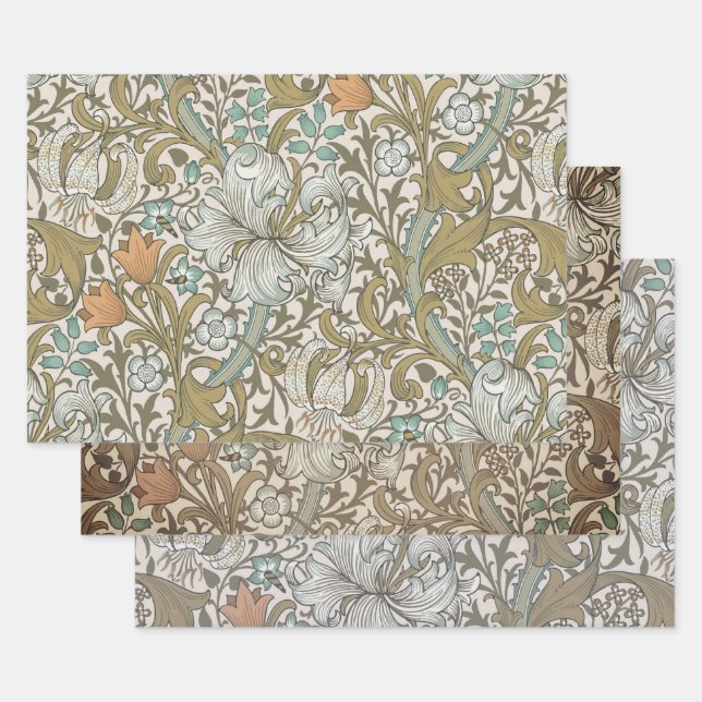 William Morris Golden Lily Blue Gold Classic Wrapping Paper Sheet (Set)