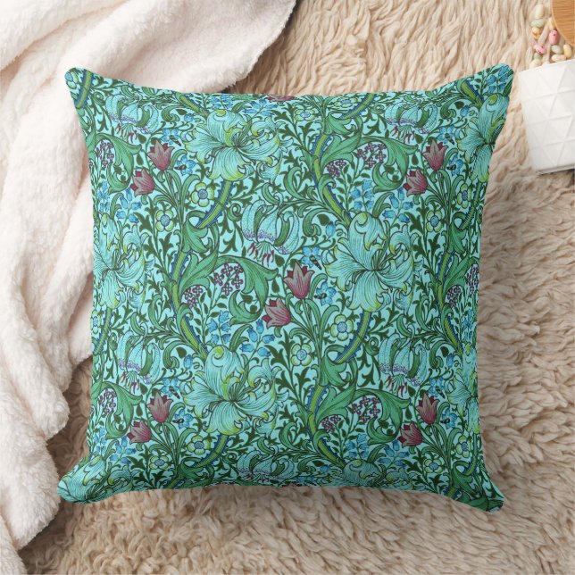 William Morris Golden Lily Floral Flowers Blue     Throw Pillow (Blanket)