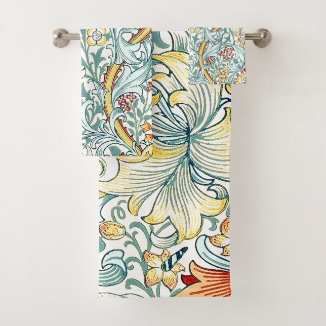 William Morris Golden Lily Floral Pattern Bath Towel Set (Insitu)