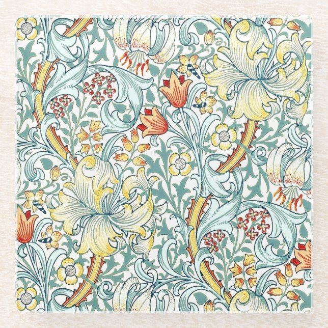 William Morris Golden Lily Floral Pattern Glass Coaster (Front)