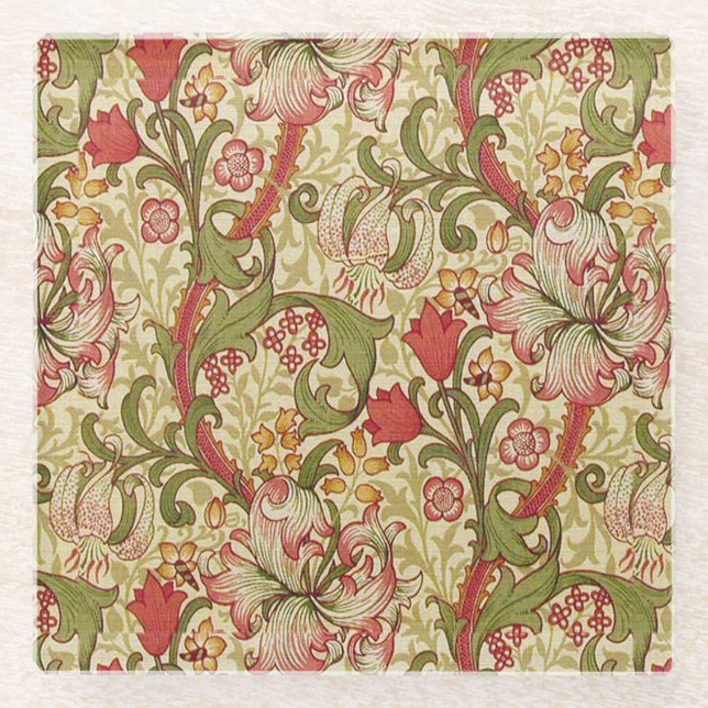 William Morris Golden Lily Floral Pattern Glass Coaster (Front)
