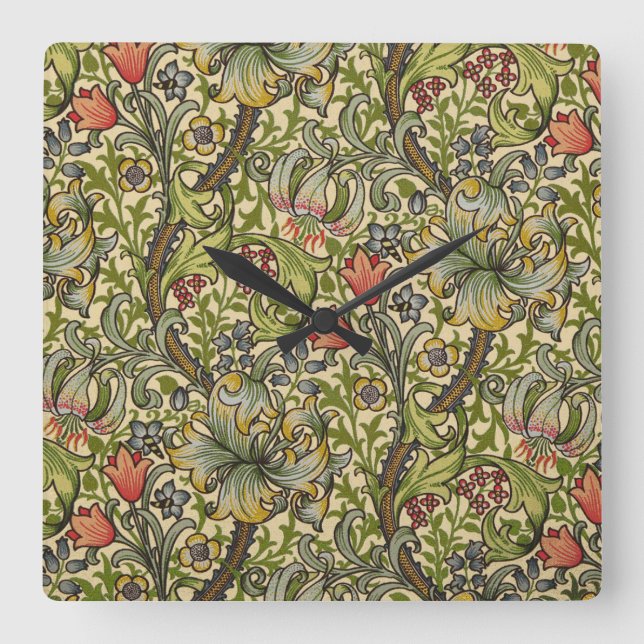 William Morris Golden Lily Square Wall Clock (Front)