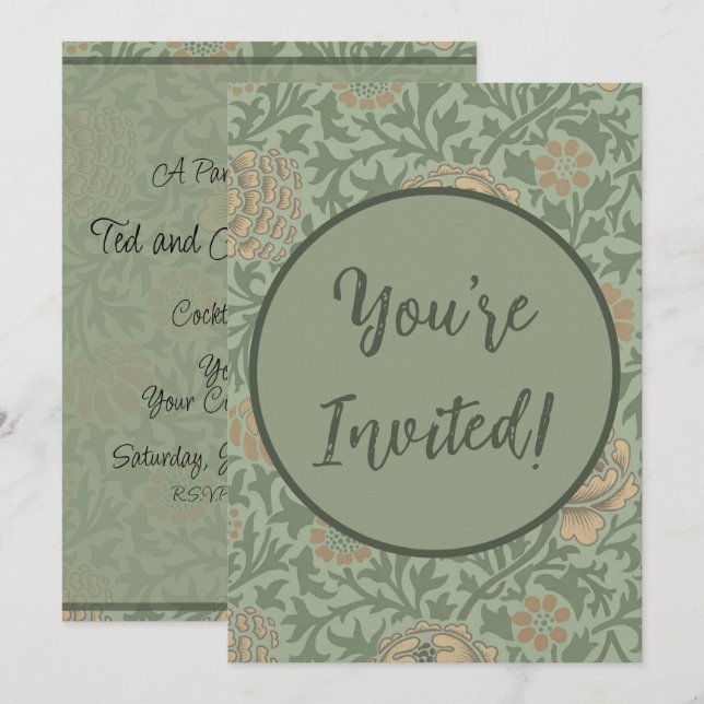 William Morris Grafton Floral Pattern Sage Green  Invitation (Front/Back)