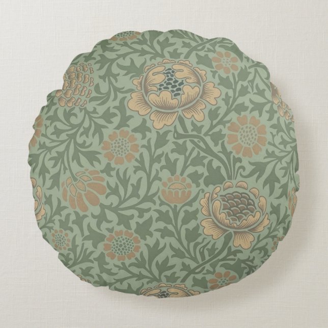 William Morris Grafton Floral Pattern Sage Green  Round Pillow (Front)