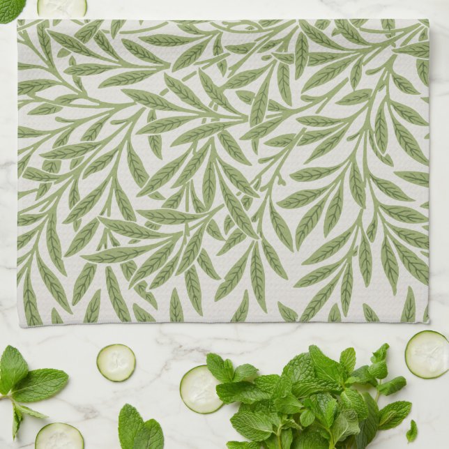 William Morris Green Floral Botanical Pattern Kitchen Towel (Folded)