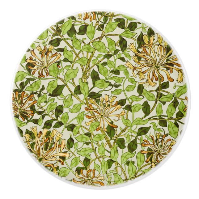 William Morris Green Honeysuckle Floral Wallpaper Ceramic Knob (Front)