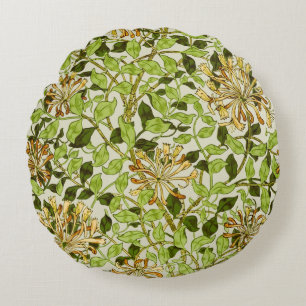 William Morris Green Honeysuckle Floral Wallpaper Round Pillow
