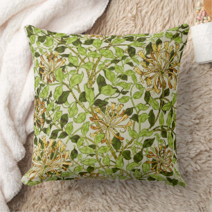 William Morris Green Honeysuckle Floral Wallpaper Throw Pillow
