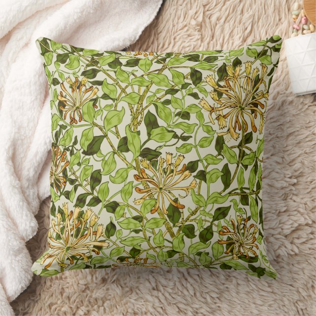 William Morris Green Honeysuckle Floral Wallpaper Throw Pillow (Blanket)