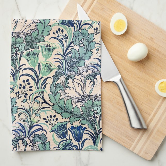 William Morris Green Teal Cream Floral Pattern  Kitchen Towel (Quarter Fold)