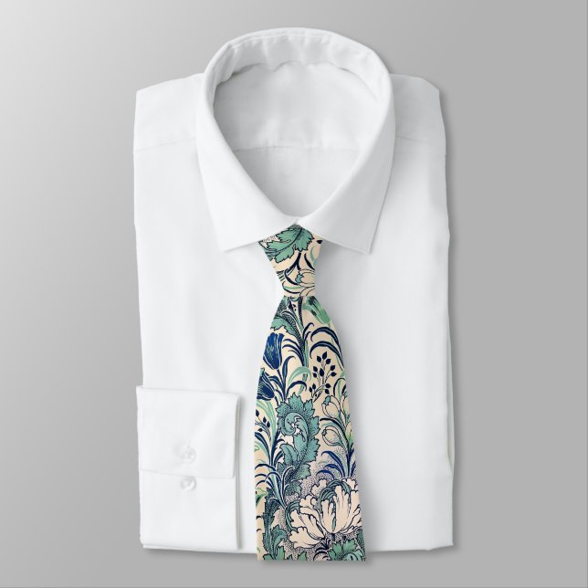 William Morris Green Teal Cream Floral Pattern  Tie (Tied)