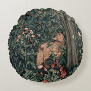 William Morris Greenery Fox Wildlife Art Round Pillow