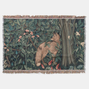 William Morris Greenery Fox Wildlife Art Throw Blanket