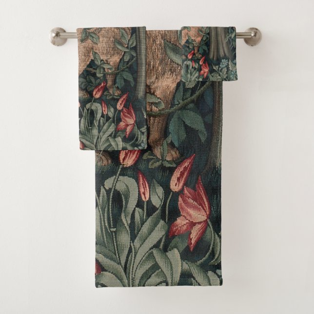 William Morris Greenery Fox Wildlife  Bath Towel Set (Insitu)