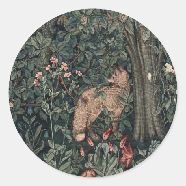 William Morris Greenery Fox Wildlife  Classic Round Sticker (Front)