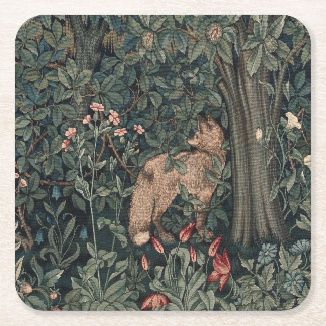 William Morris Greenery Fox Wildlife  Square Paper Coaster (Front)