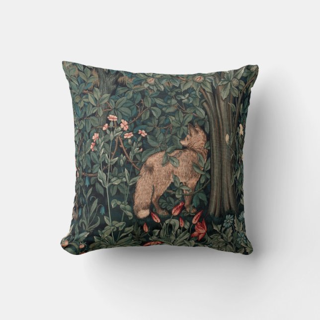 William Morris Greenery Fox Wildlife  Throw Pillow (Front)