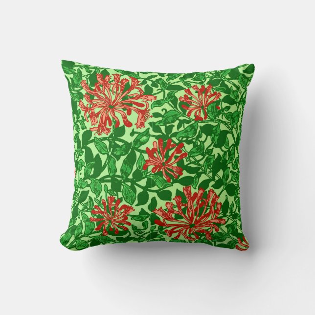 William Morris Honeysuckle, Coral Red and Green Throw Pillow (Front)