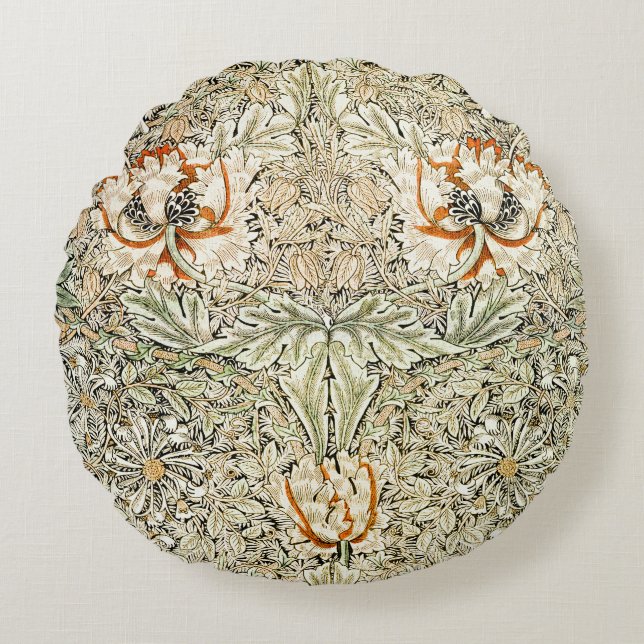William Morris Honeysuckle Floral Wallpaper Round Pillow (Front)
