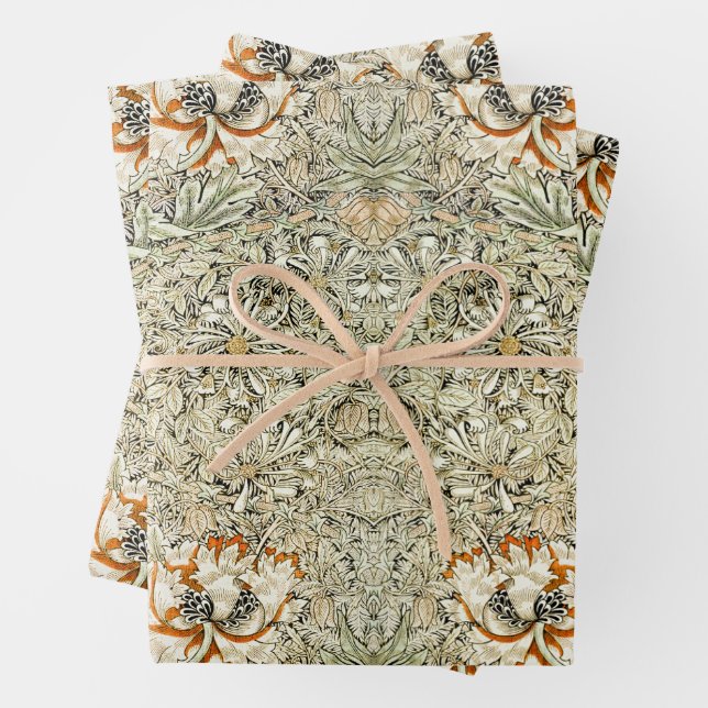 William Morris Honeysuckle Floral Wallpaper Wrapping Paper Sheet (In situ)