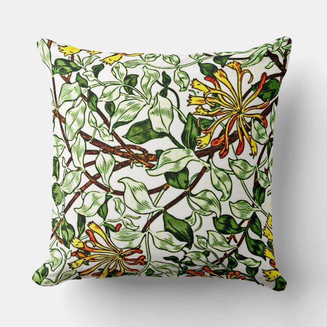 William Morris - Honeysuckle, green and yellow Throw Pillow (Front)