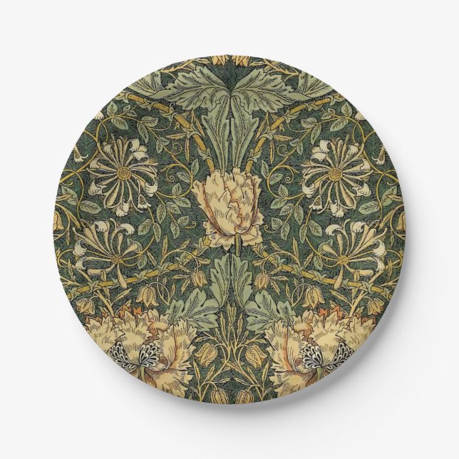 William Morris Honeysuckle Green Floral Paper Plate (Front)