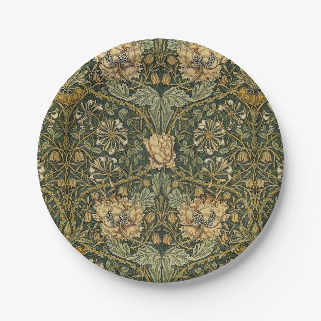 William Morris Honeysuckle Green Floral Paper Plate (Front)