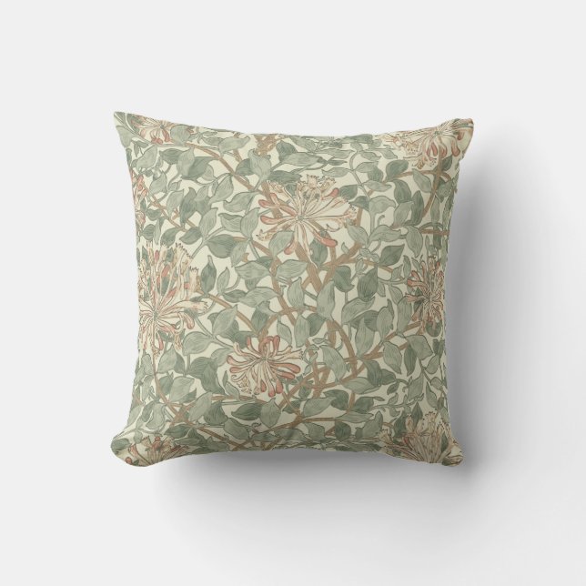 William Morris Honeysuckle Green Floral Throw Pillow (Front)