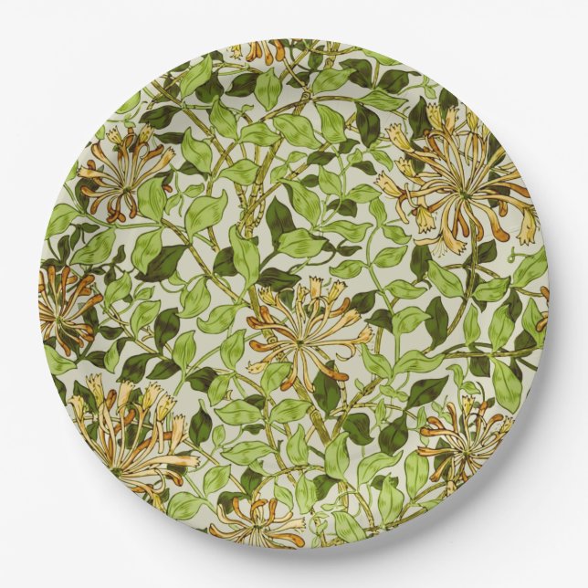 William Morris Honeysuckle Green Flowers Paper Plate (Front)