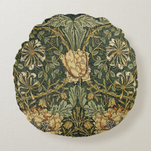 William Morris Honeysuckle Green Yellow  Round Pillow