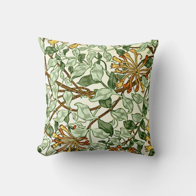 William Morris - Honeysuckle in Green and Gold Throw Pillow (Front)