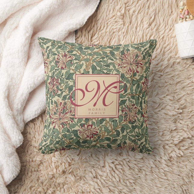 William Morris - Honeysuckle & Leaves - Monogram Throw Pillow (Blanket)