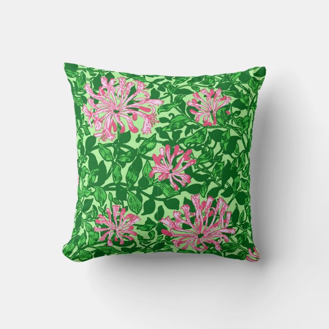 William Morris Honeysuckle, Pink and Green Throw Pillow (Front)