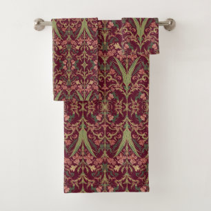 William Morris Hyacinth Floral burgundy Pattern Bath Towel Set