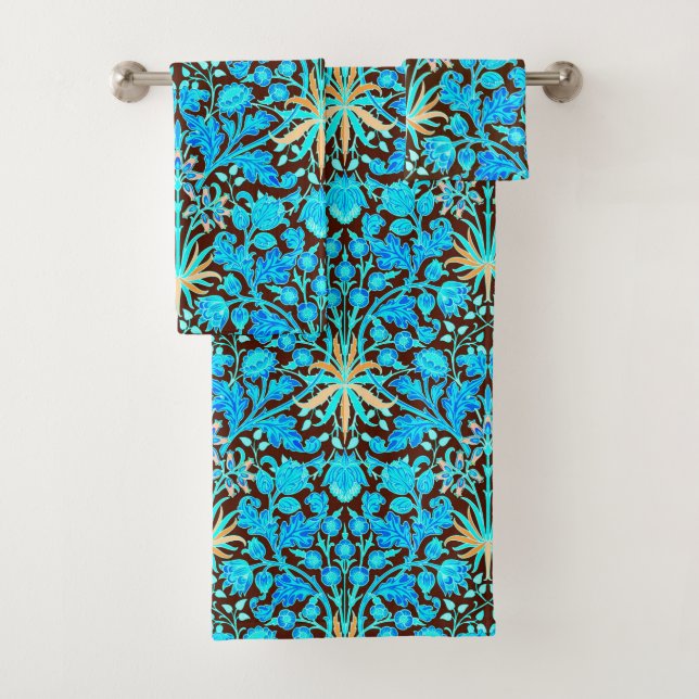 William Morris Hyacinth Print, Aqua and Brown Bath Towel Set (Insitu)