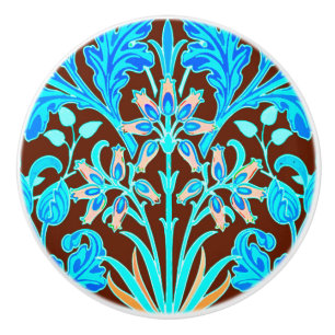 William Morris Hyacinth Print, Aqua and Brown Ceramic Knob