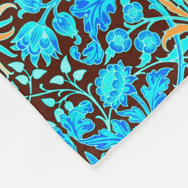 William Morris Hyacinth Print, Aqua and Brown Fleece Blanket (Corner)