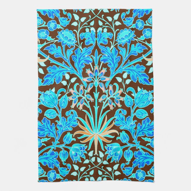 William Morris Hyacinth Print, Aqua and Brown Kitchen Towel (Vertical)