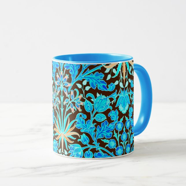 William Morris Hyacinth Print, Aqua and Brown Mug (Front Right)
