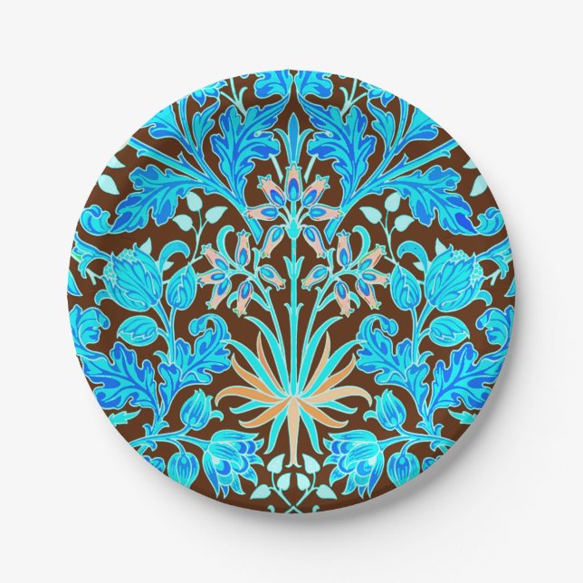 William Morris Hyacinth Print, Aqua and Brown Paper Plate (Front)