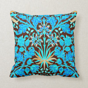 William Morris Hyacinth Print, Aqua and Brown Throw Pillow